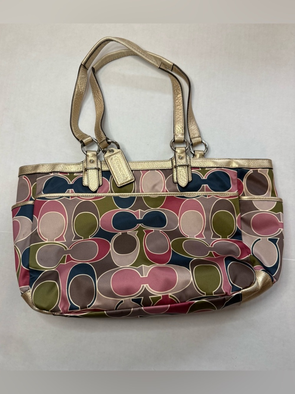 Coach Signature Scarf Sateen Gold Trim Satin Handbag Tote - Picture 2 of 5